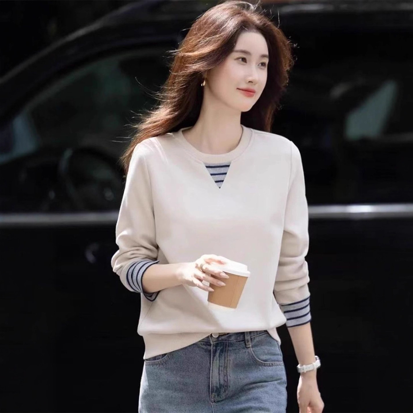 大碼慵懶風寬鬆藏肉時髦撞色袖口長袖T恤