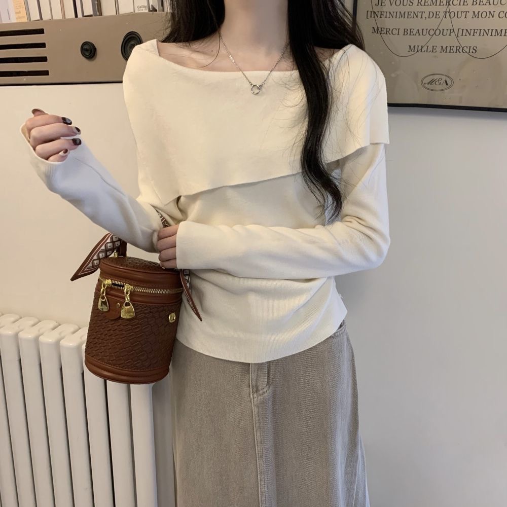 法式一字領兩穿露肩修身甜美溫柔風套頭針織衫