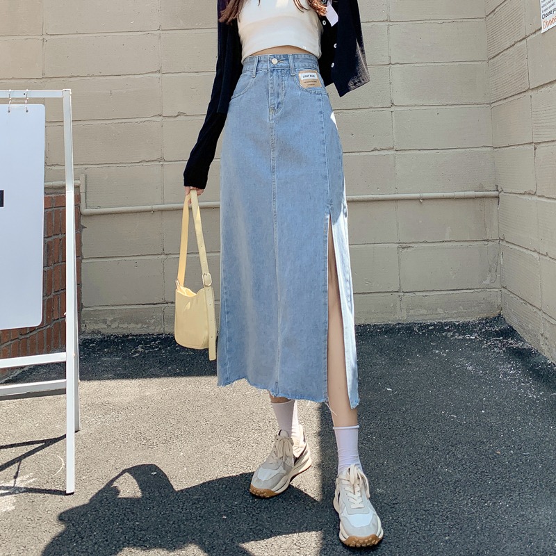 新款顯瘦中長款包臀A字高腰側開叉牛仔半身裙