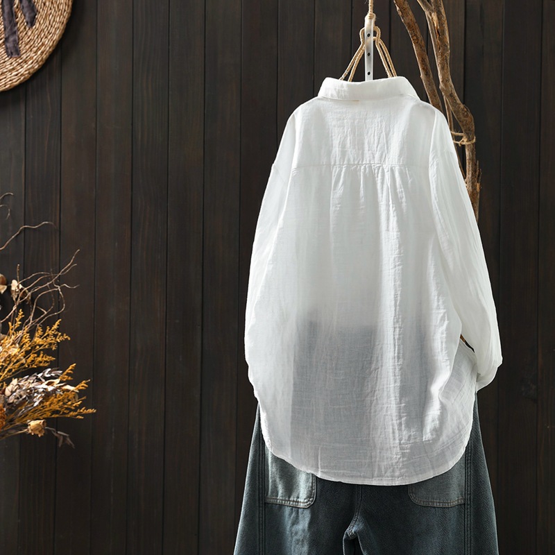 百搭潮流文藝復古刺繡翻領棉麻長袖襯衫