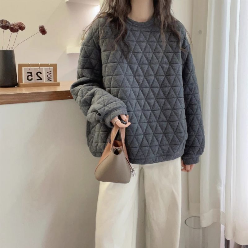 大碼寬鬆慵懶風加厚保暖菱格夾棉上衣