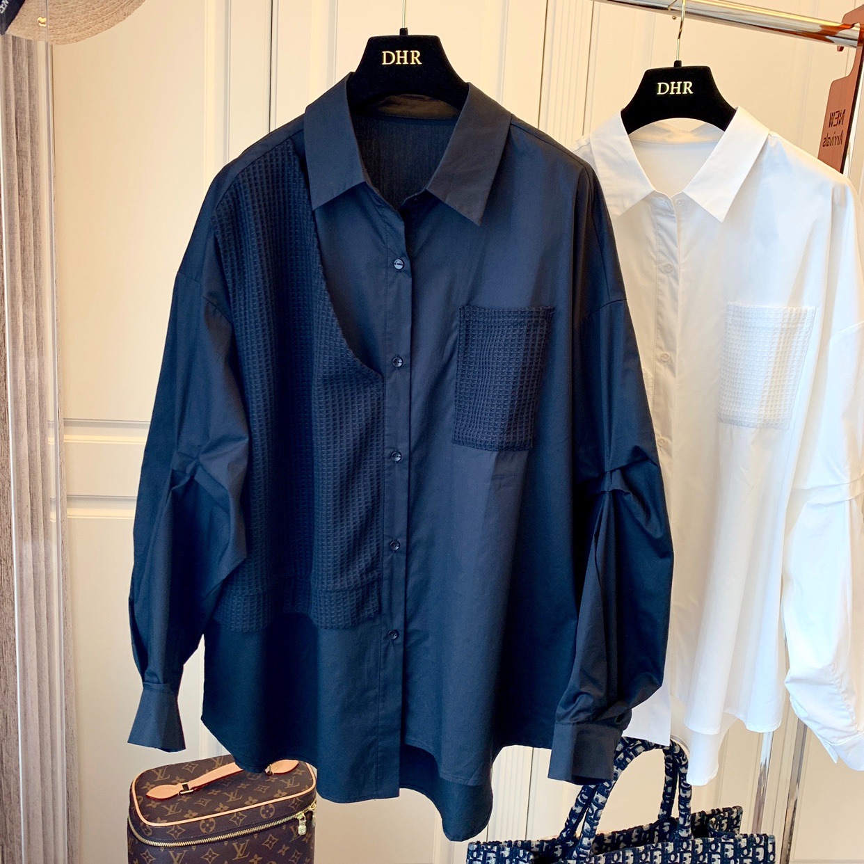 拼接華夫格假兩件小眾設計寬鬆休閒復古襯衫