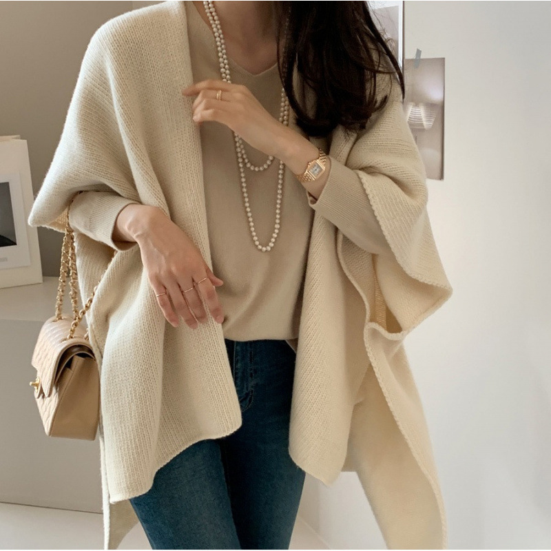日韓洋氣針織披肩外套休闲温柔氣質毛衣斗篷開衫