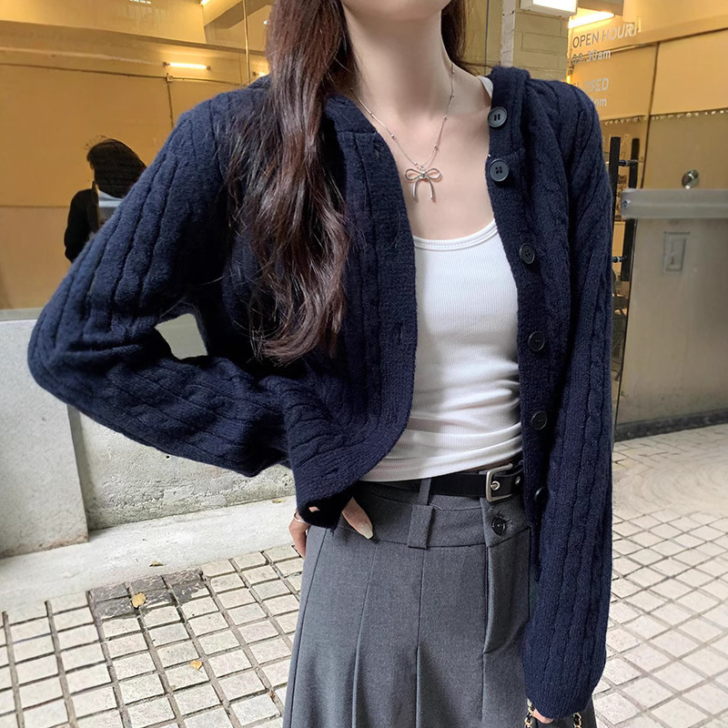 設計感顯瘦氣質百搭連帽長袖針織開衫