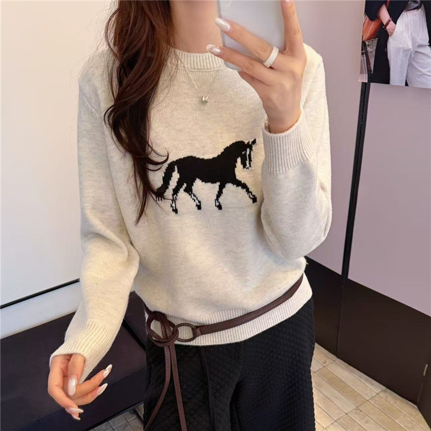 【限定款】卡通小馬提花減齡圓領百搭打底針織衫