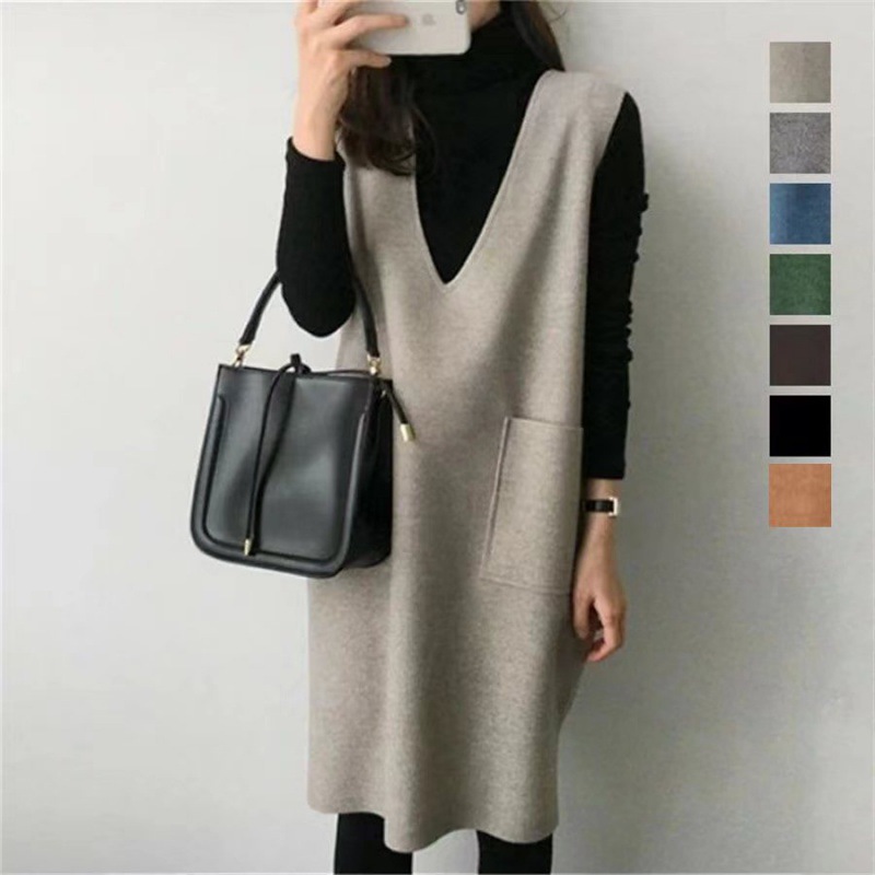 7色毛呢背心深V領中長款馬甲裙連身裙