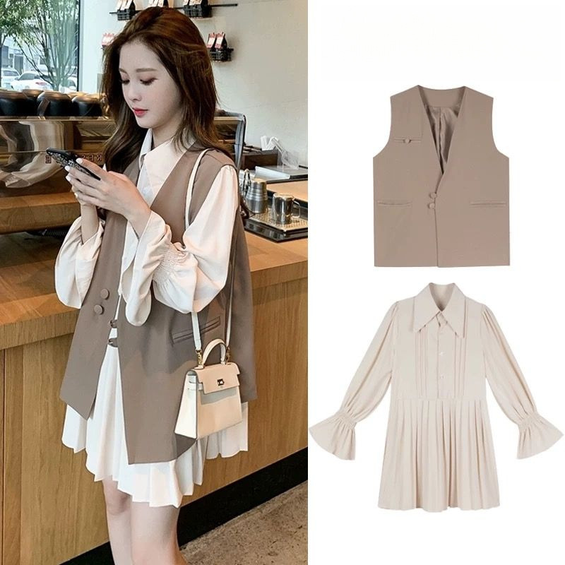【單件/套裝】大碼寬鬆馬甲+顯瘦洋氣襯衫百褶洋裝套裝