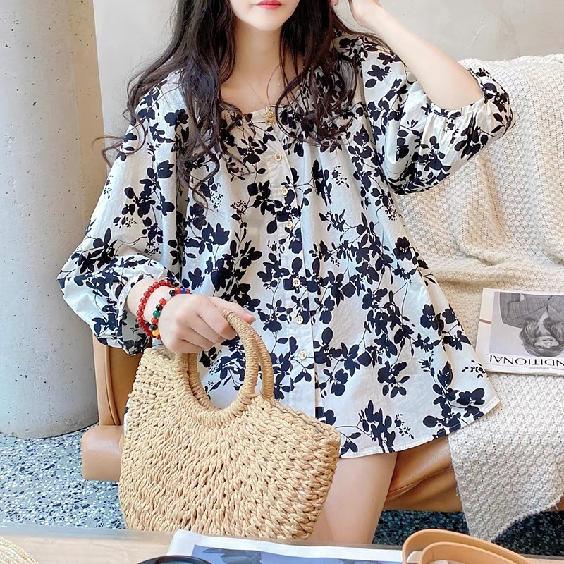 法式甜美v領燈籠袖碎花七分袖印花襯衫