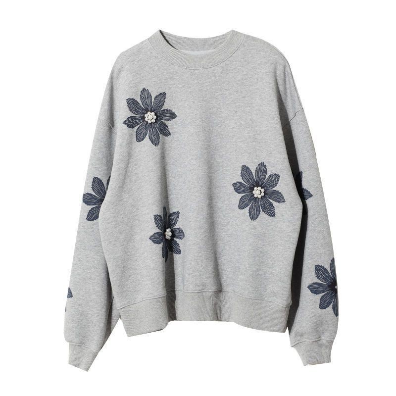 複合釘珠工藝寬鬆休閒圓領減齡長袖T恤