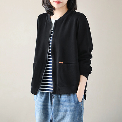 韓版文藝百搭簡約寬鬆休閒拉鍊口袋長袖開衫