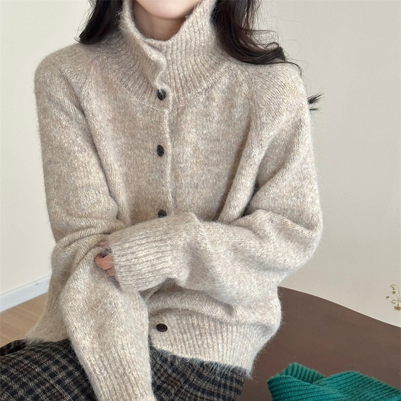 復古慵懶風花線高領寬鬆軟糯針織開衫