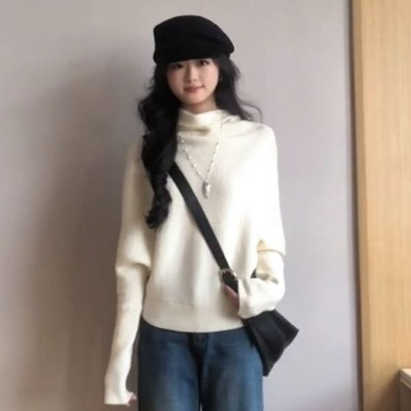 氣質百搭高領蝙蝠袖通勤收腰顯瘦打底針織衫