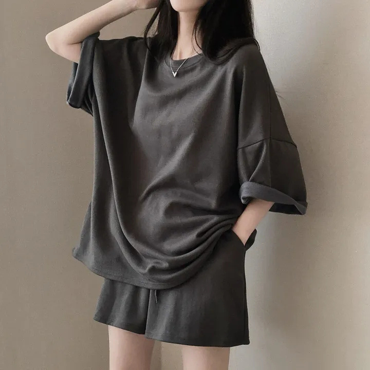 純棉韓版夏季短袖T恤中長款套裝女運動休閒短褲純色情侶兩件套