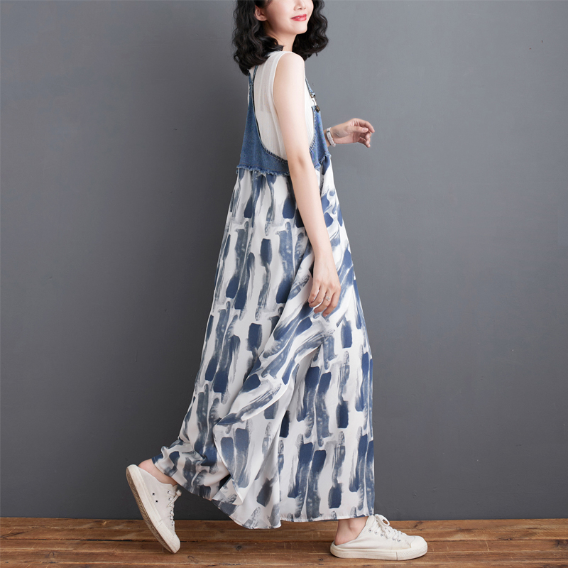 韓版時尚設計感牛仔拼接雪紡背帶連身裙