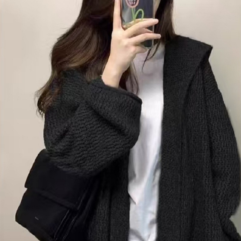 韓系氣質中長版連帽毛衣外套寬鬆慵懶鬆弛感針織開衫