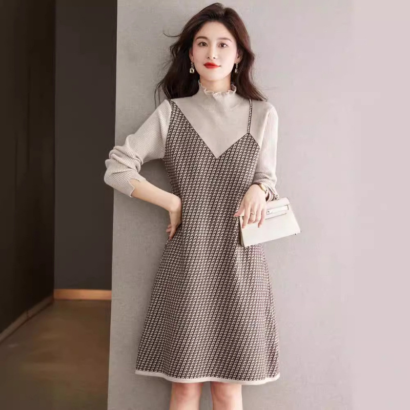 小香風千鳥格內搭中長版針織打底裙法式洋裝