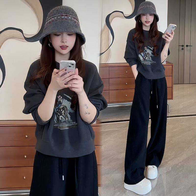 【單件/套裝】時髦慵懶小香風印花圓領長袖+休閑闊腿褲兩件套裝