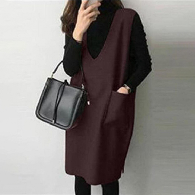 7色毛呢背心深V領中長款馬甲裙連身裙