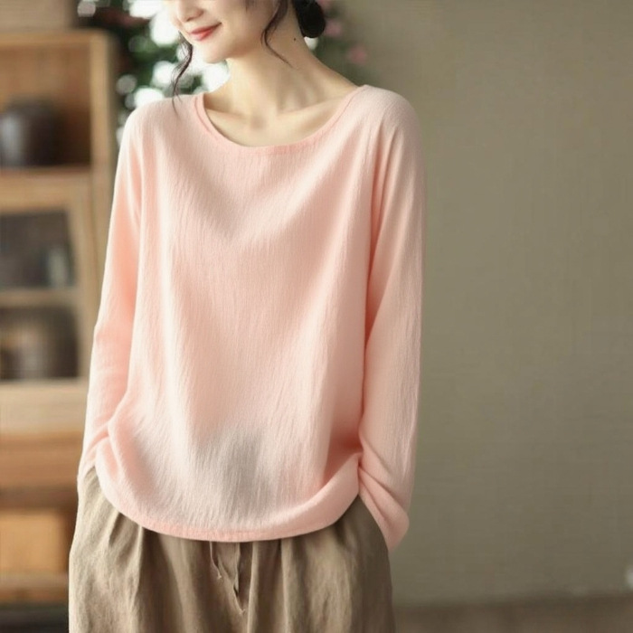 秋季薄款內搭棉麻寬鬆休閒慵懶風長袖T恤