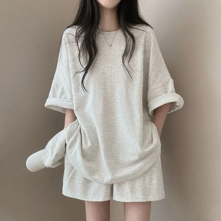 純棉韓版夏季短袖T恤中長款套裝女運動休閒短褲純色情侶兩件套