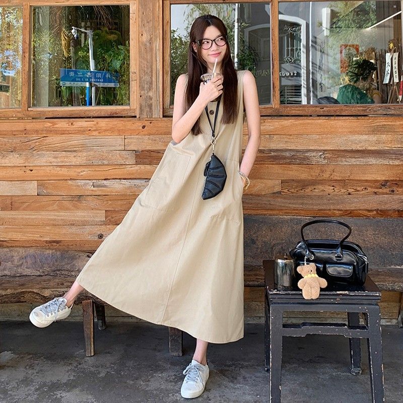 無袖寬鬆度假大口袋休閒卡其A字長版洋裝
