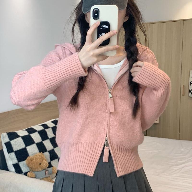 純慾風拉鍊正肩短款毛衣外套連帽針織開衫