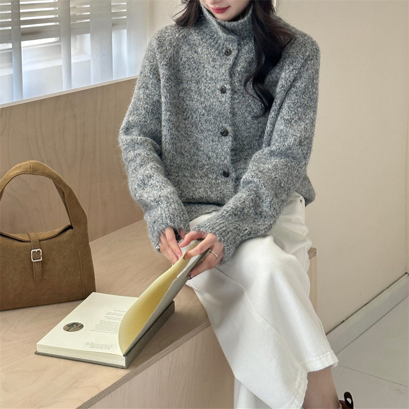 復古慵懶風花線高領寬鬆軟糯針織開衫