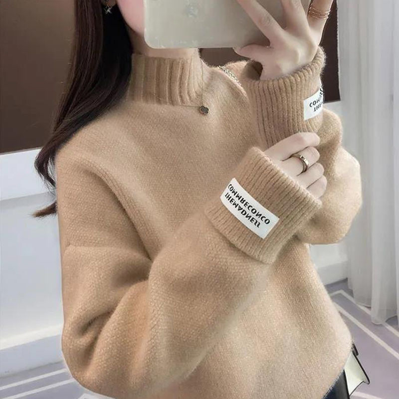 素色寬鬆半高領針織打底衫水貂絨毛衣