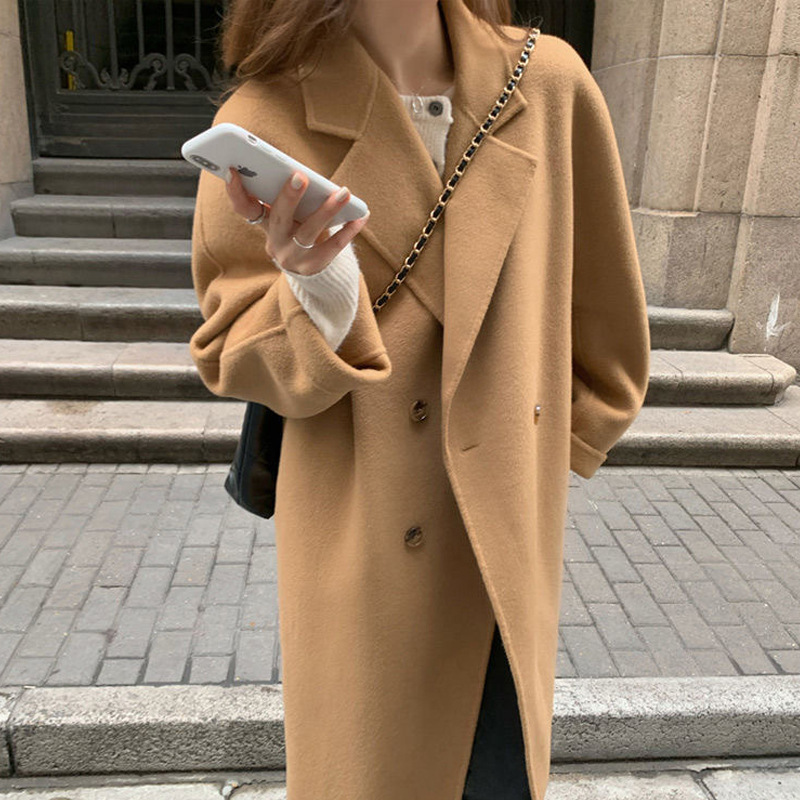 韓系中長版寬鬆高級感雙排扣大衣仿毛呢外套