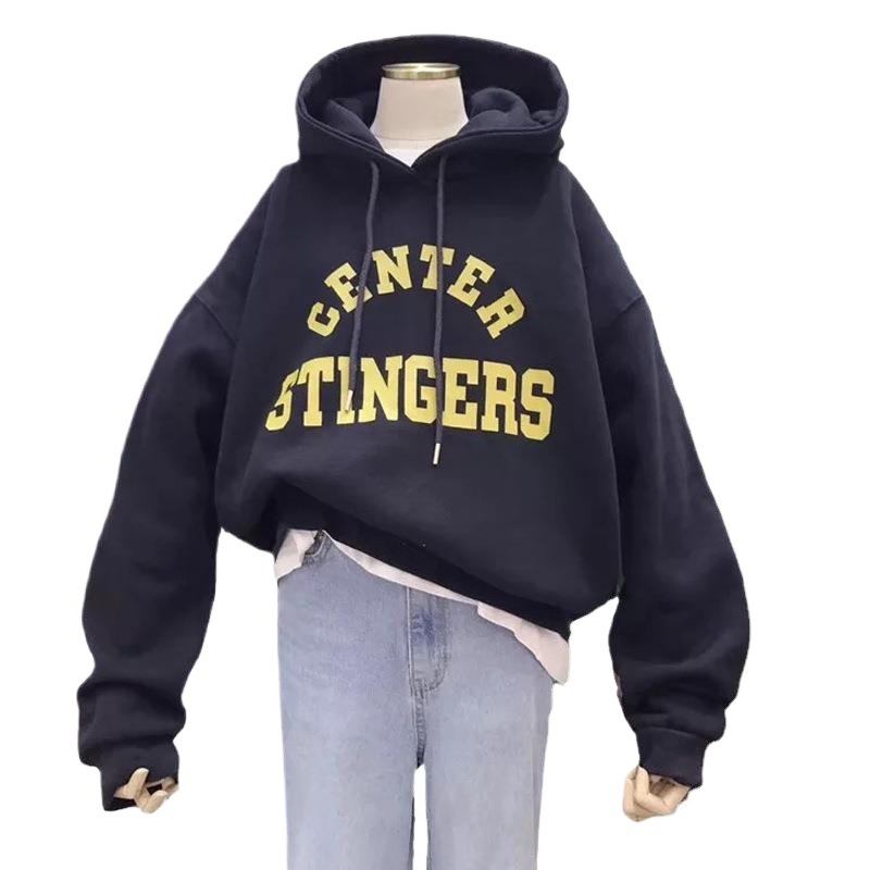 大碼韓版字母印花刷毛加厚寬鬆雙層休閑連帽T