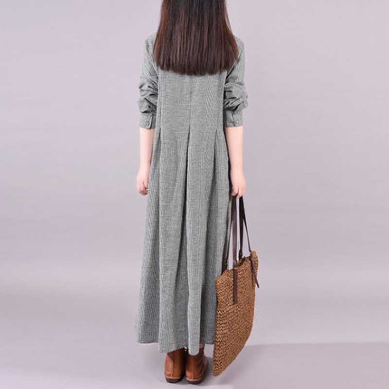 秋裝韓版時尚寬鬆大碼長款顯瘦細格子長袖連衣裙