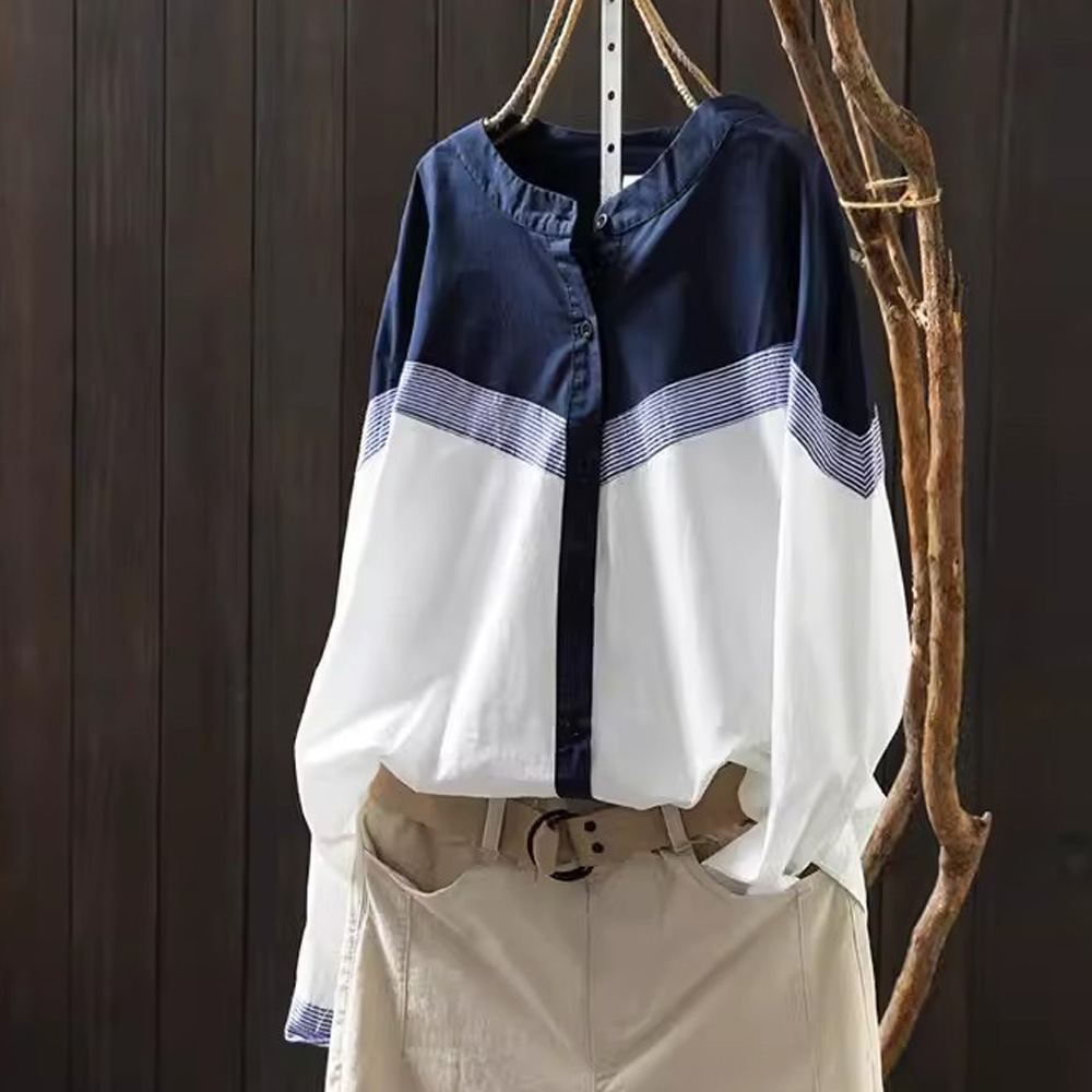 休閒氣質撞色拼接立領條紋長袖襯衫