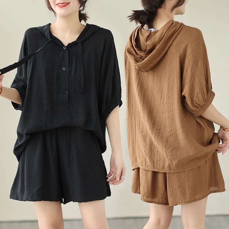 【整套】時尚大碼連帽短袖寬鬆顯瘦短褲兩件套裝