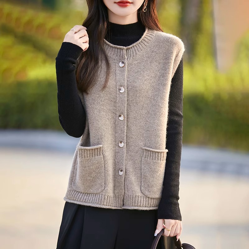 背心厚針織毛衣坎肩圓領疊穿系扣馬甲開衫