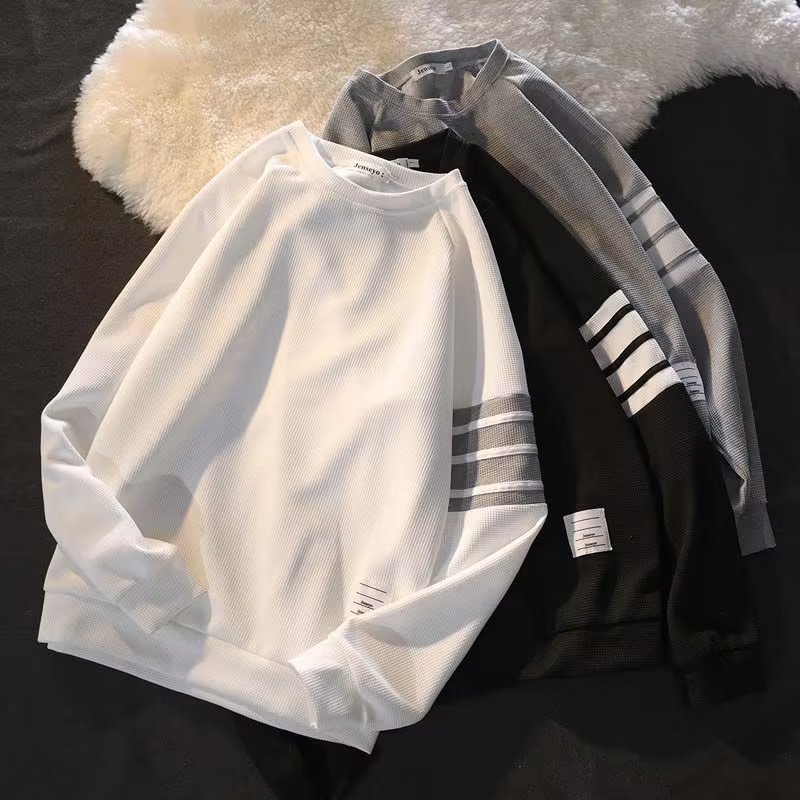 華夫格四條杠情侶款休閒長袖T恤