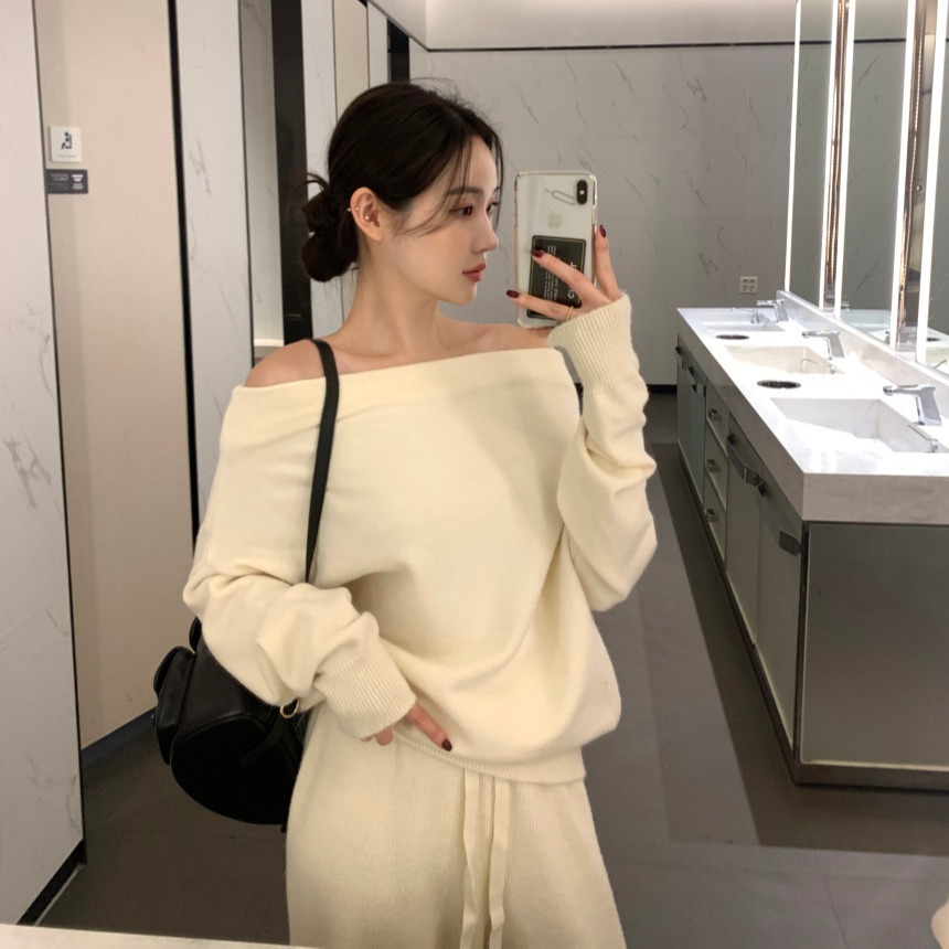 【整套】法式高級感一字領露肩長袖毛衣+高腰針織直筒長褲兩件套
