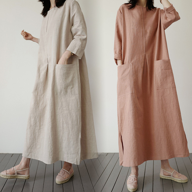 韓版棉麻寬鬆大碼時尚大口袋中長休閒洋裝