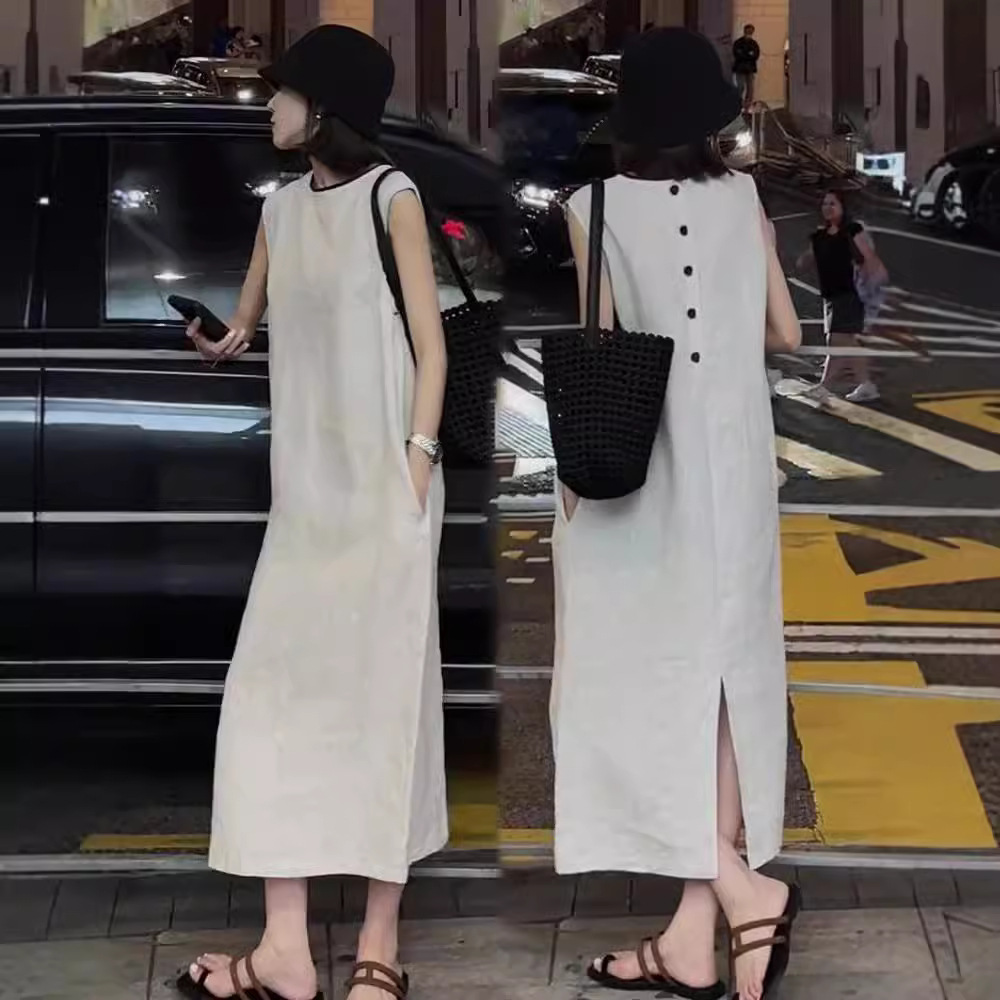 寬鬆顯瘦休閒氣質法式無袖背心式長洋裝