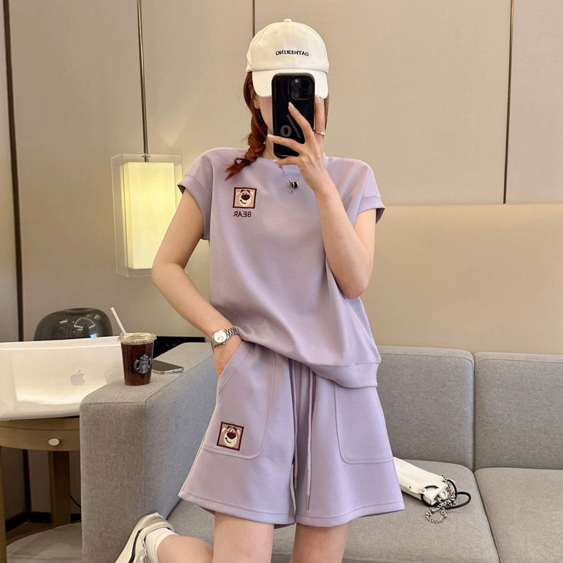 【整套】甜美刺繡熊休閒運動短袖短褲休閒運動兩件套裝