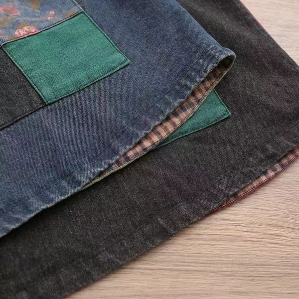 大碼復古做舊連帽印花拼接減齡牛仔馬甲外套