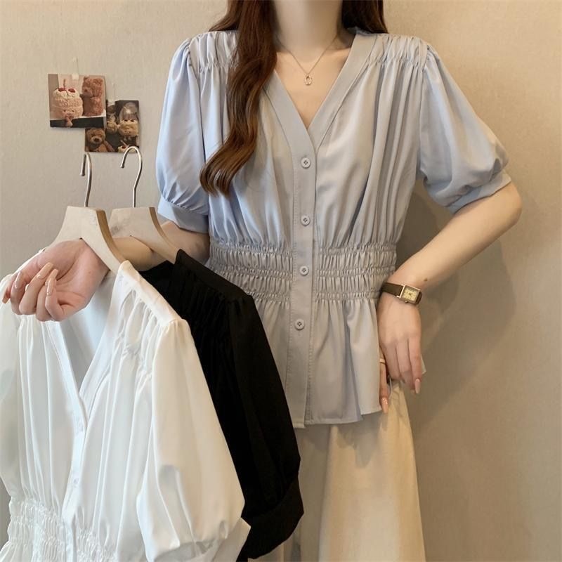 素色V領減齡甜美收腰顯瘦襯衫短袖