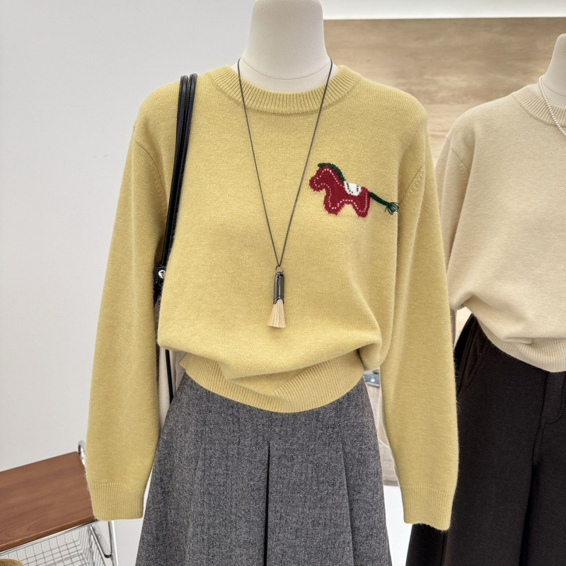 韓系減齡顯瘦毛衣打底圓領小馬針織衫