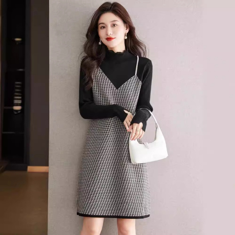 小香風千鳥格內搭中長版針織打底裙法式洋裝