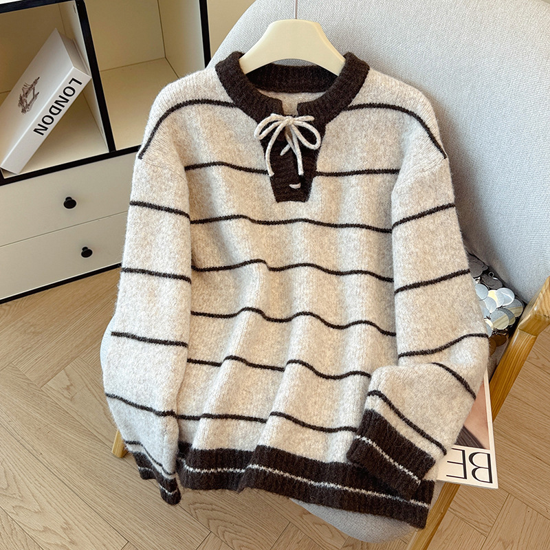 條紋針織衫拼色套頭系帶開領高級感撞色毛衣