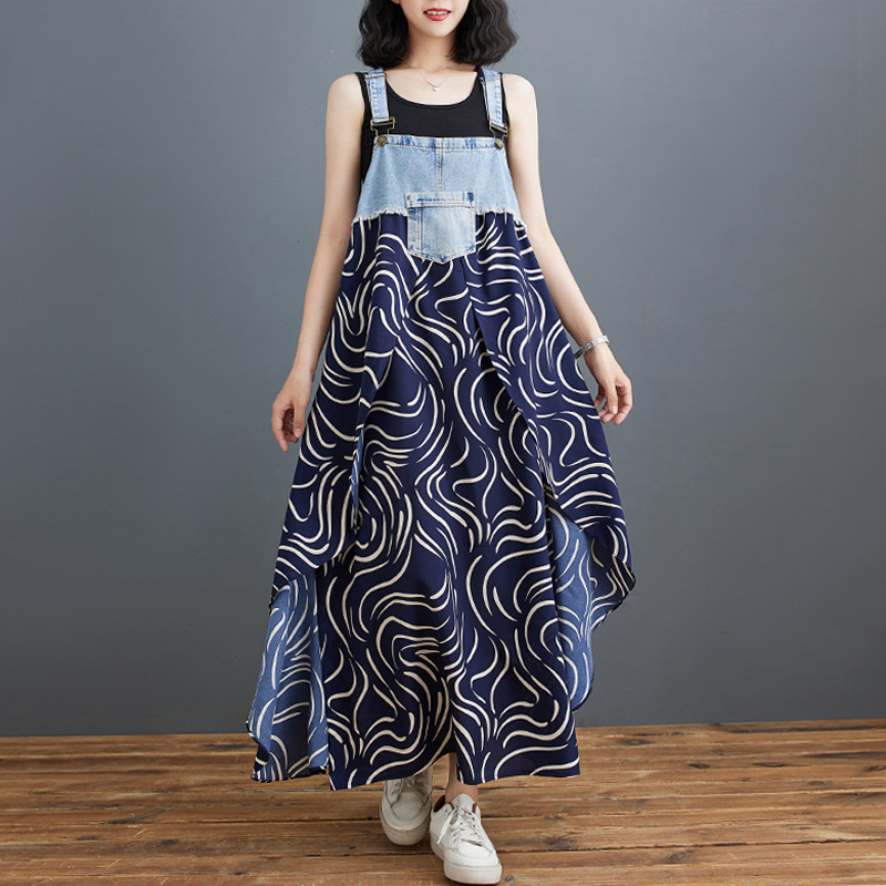 (10色)日系寬鬆設計感牛仔拼接印花背帶連身裙