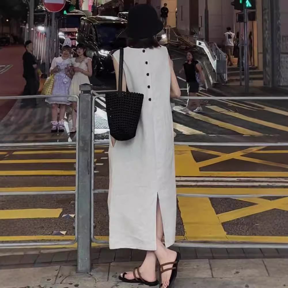 寬鬆顯瘦休閒氣質法式無袖背心式長洋裝