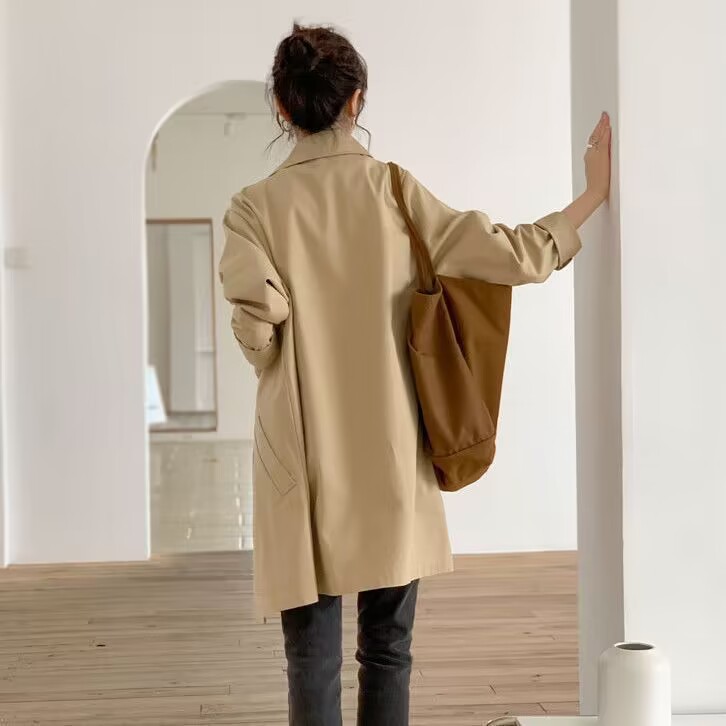 韓版甜美簡約寬鬆百搭口袋中長款風衣