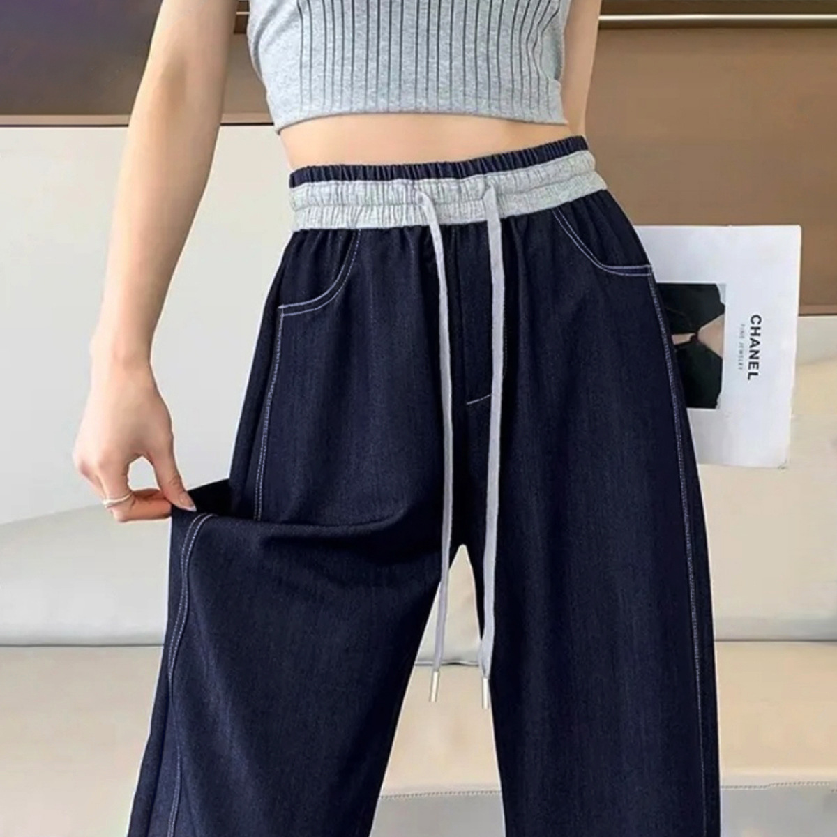 拼接牛仔直筒褲高腰寬鬆顯瘦垂感窄版休閒拖地闊腿長褲