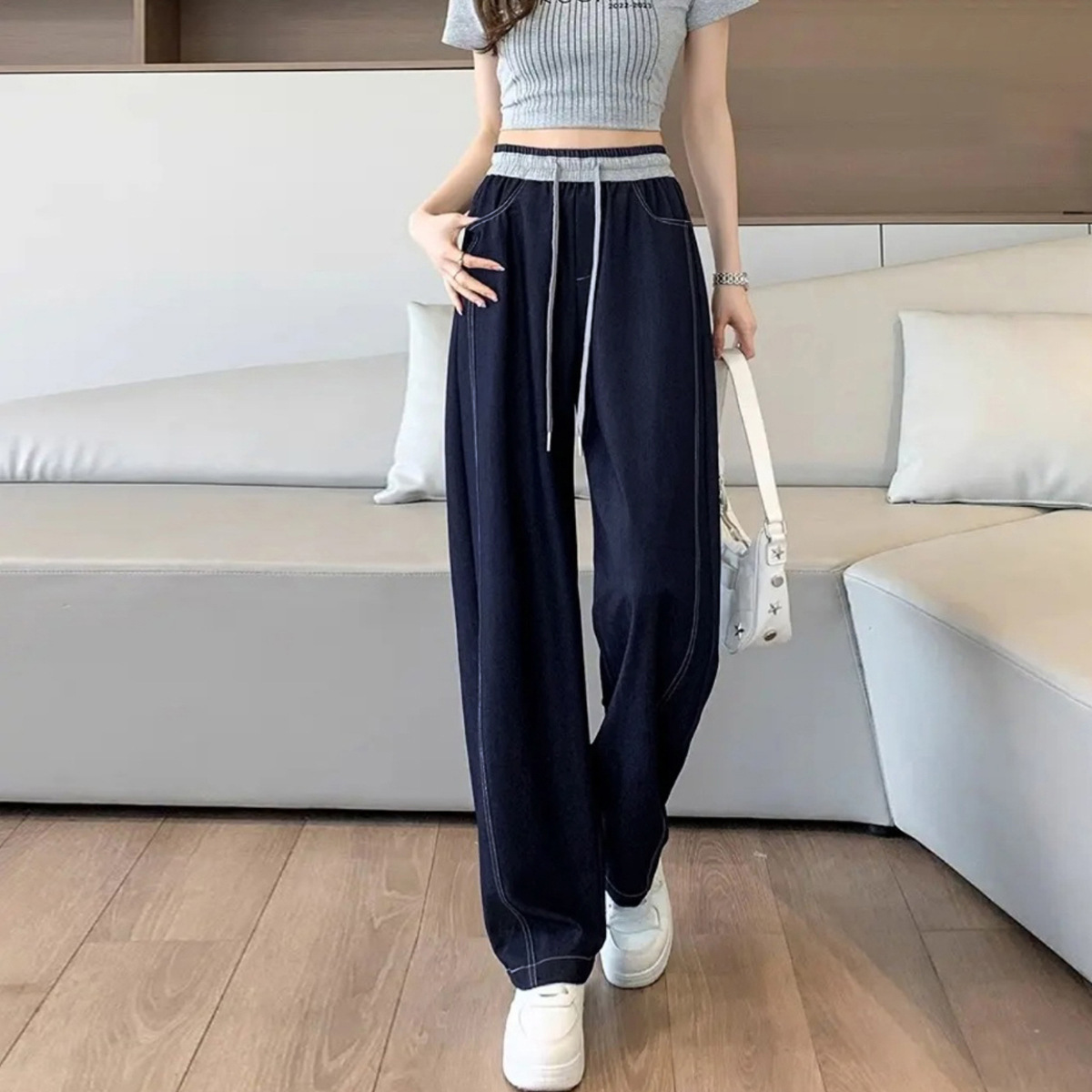 拼接牛仔直筒褲高腰寬鬆顯瘦垂感窄版休閒拖地闊腿長褲