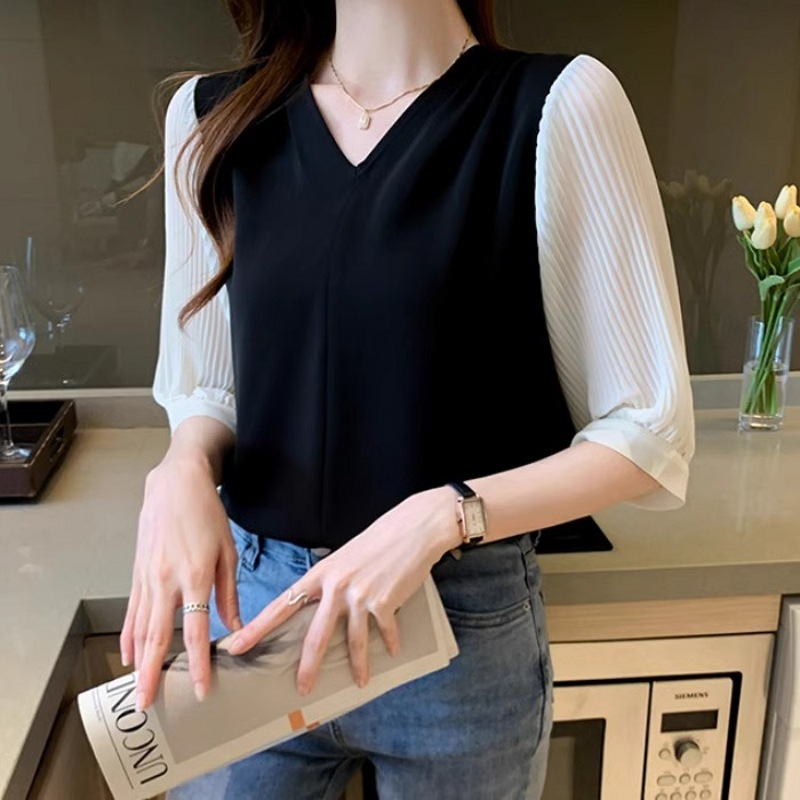 新款韓版氣質V領雪紡設計感小眾短袖襯衫